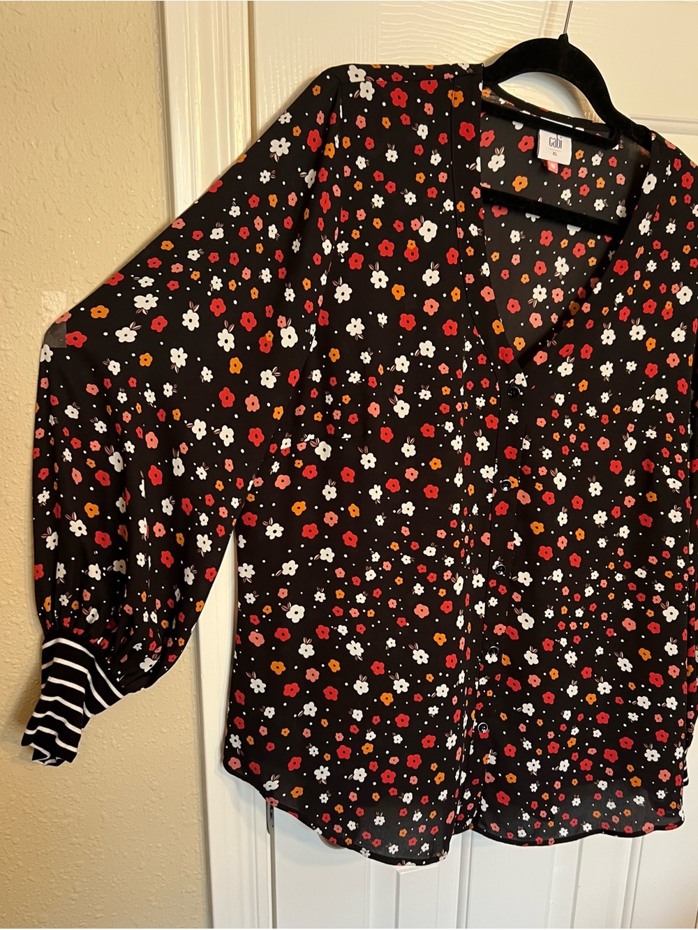 CAbi Black Floral Blouse with Red, White & Orange Blooms